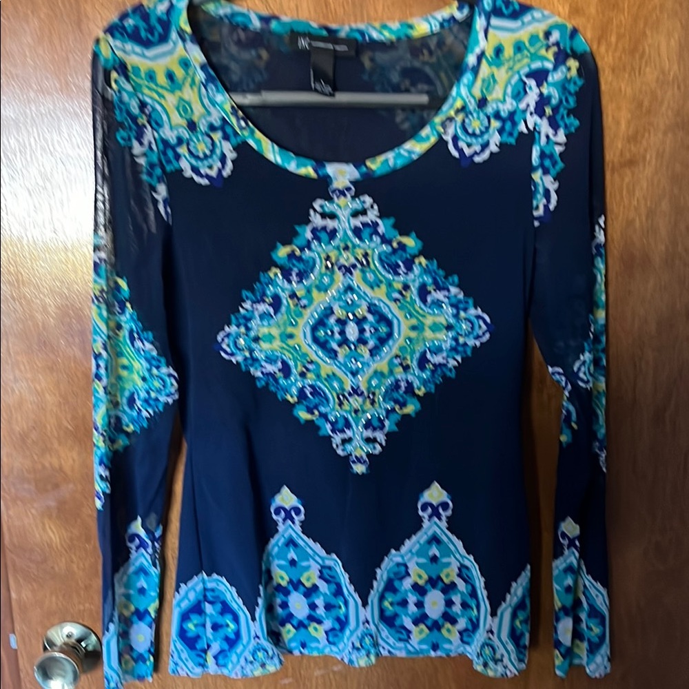 INC International Concepts Blue Fitted Blouse with Decorative Pattern